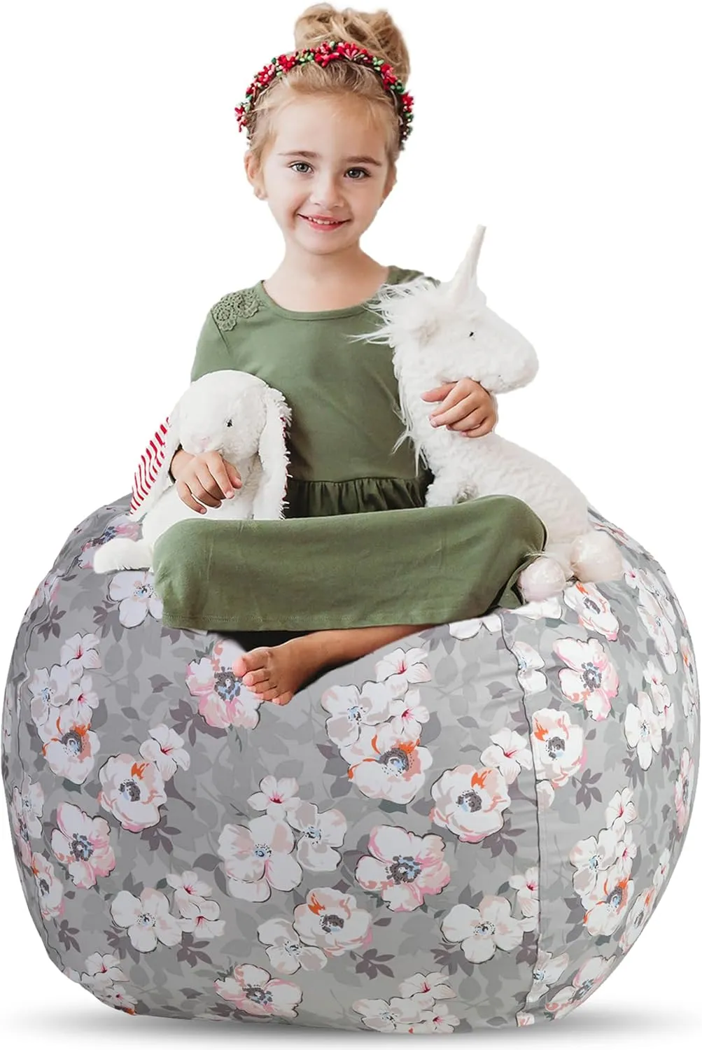 Creative QT Stuff ’n Sit Extra Large 38’’ Bean Bag Storage Cover for Stuffed Animals & Toys, Giant Bean Bag Chair for Plush, Toddler & Kids Bedroom Organizer, Grey Floral, Stuffed Animal Storage Cover