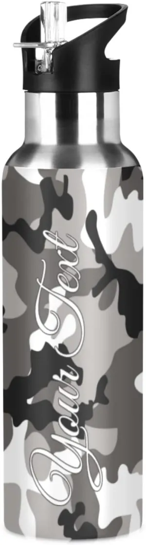 Custom Water Bottle, Grey Camo Water Bottle with Straw Lid, BPA-Free, 20 oz Insulated Stainless Steel, Personalized Name, for School, Office, Gym, Sports, Travel