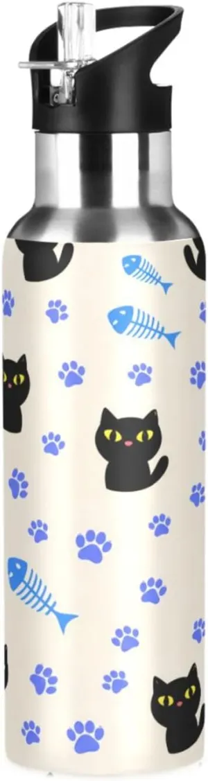 Cute Cat Sports Water Bottle with Straw, 22oz BPA Free Stainless Steel Vacuum Insulated Bottle for Gym Fitness Outdoor