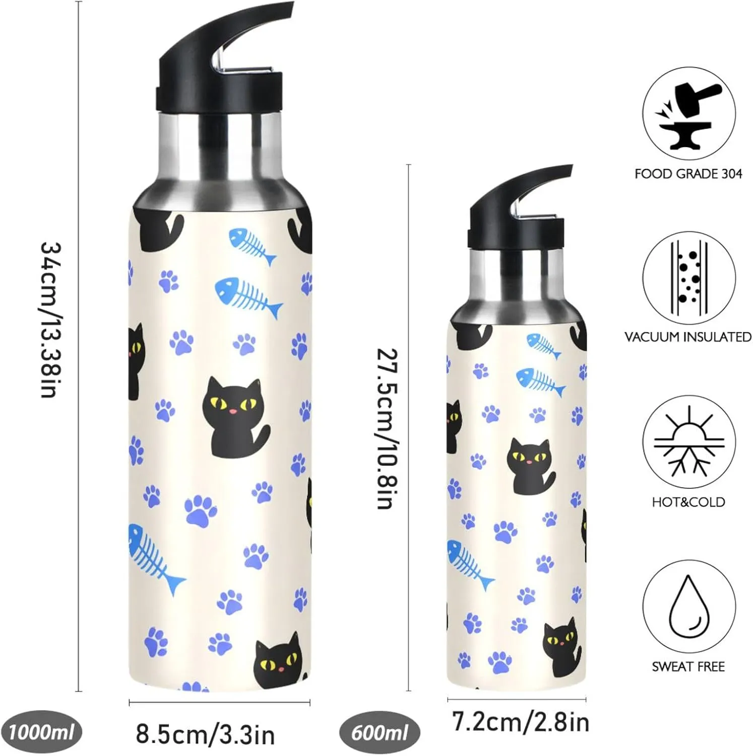 Cute Cat Sports Water Bottle with Straw, 22oz BPA Free Stainless Steel Vacuum Insulated Bottle for Gym Fitness Outdoor