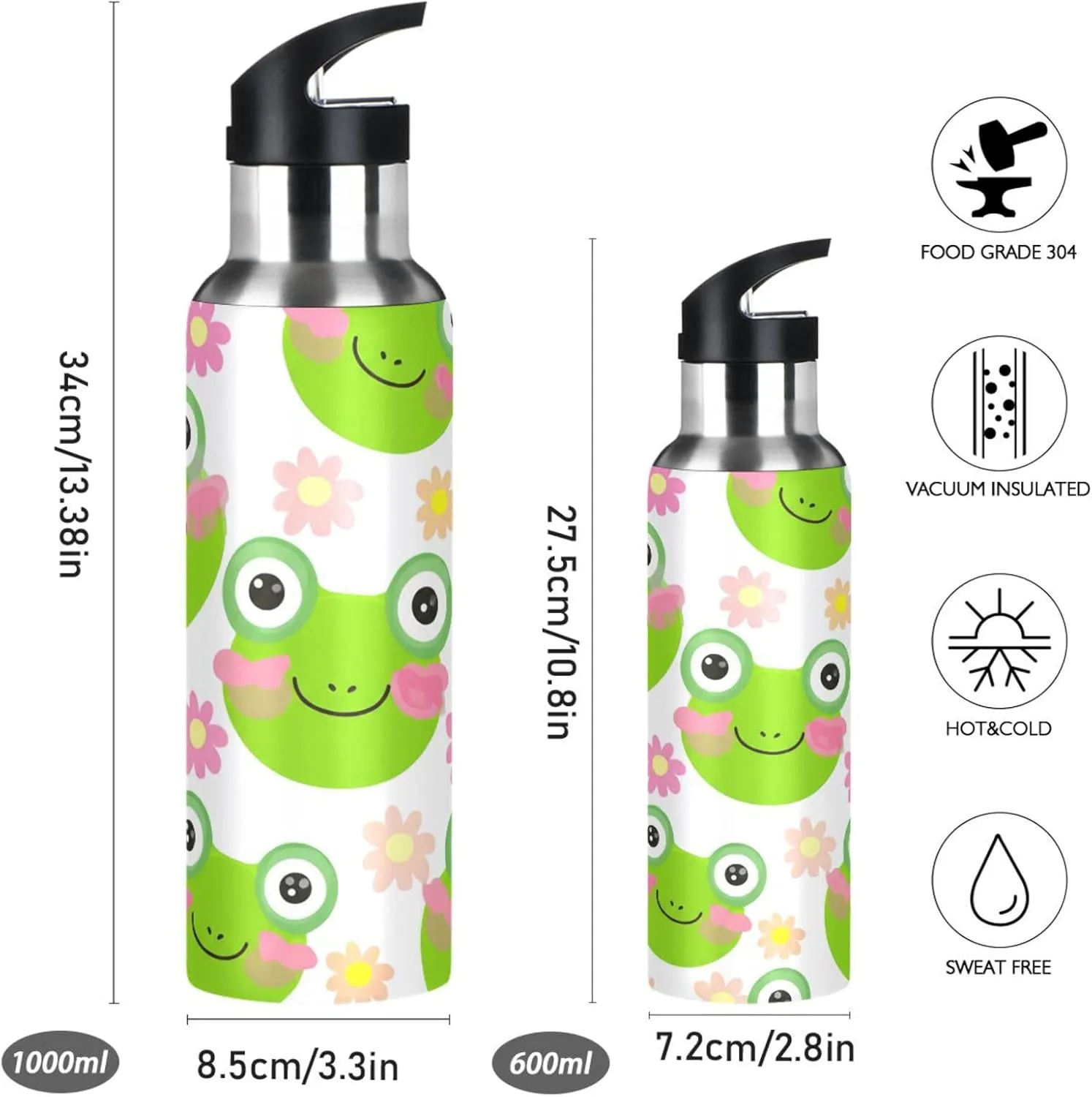 Cute Frog Sports Water Bottle with Straw, 22oz BPA Free Stainless Steel Vacuum Insulated Bottle for Gym Fitness Outdoor