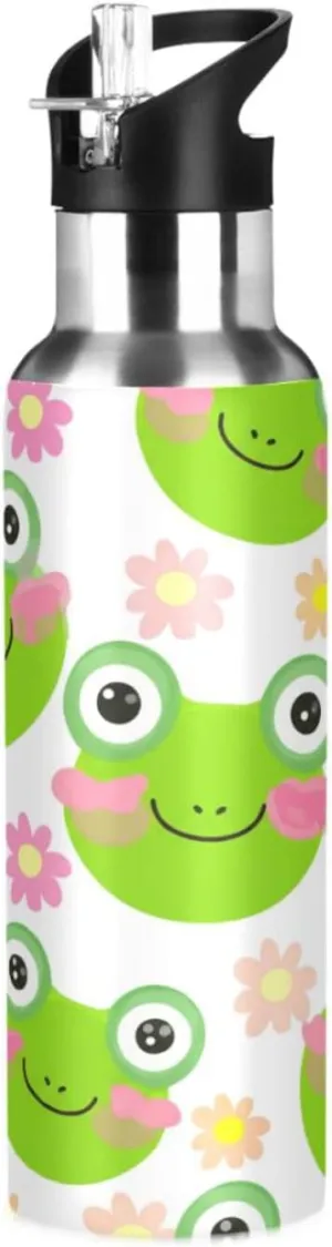 Cute Frog Sports Water Bottle with Straw, 22oz BPA Free Stainless Steel Vacuum Insulated Bottle for Gym Fitness Outdoor