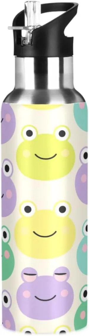 Cute Frog Sports Water Bottle with Straw, 22oz BPA Free Stainless Steel Vacuum Insulated Bottle for Gym Fitness Outdoor