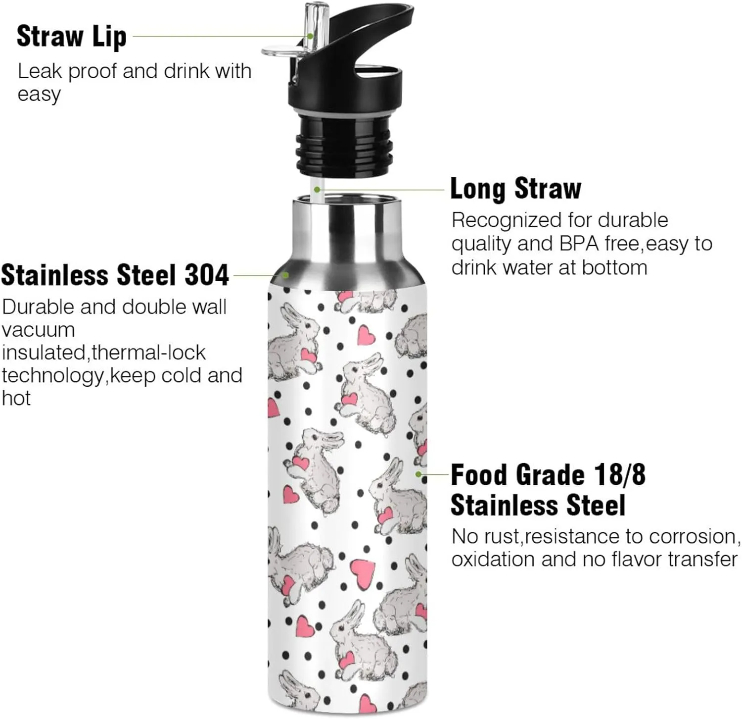 Cute Rabbit Water Bottle with Straw Lid Double Wall Heart Thermos Bottle Vacuum Insulated Flask Stainless Steel Water Bottle for Gym Outdoor 35 OZ