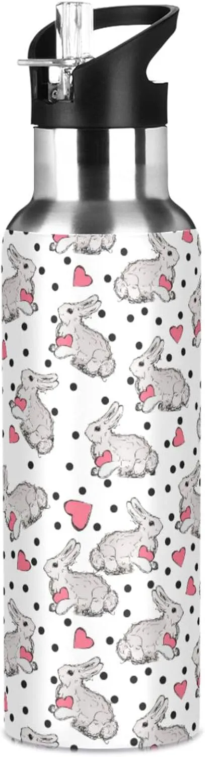 Cute Rabbit Water Bottle with Straw Lid Double Wall Heart Thermos Bottle Vacuum Insulated Flask Stainless Steel Water Bottle for Gym Outdoor 35 OZ