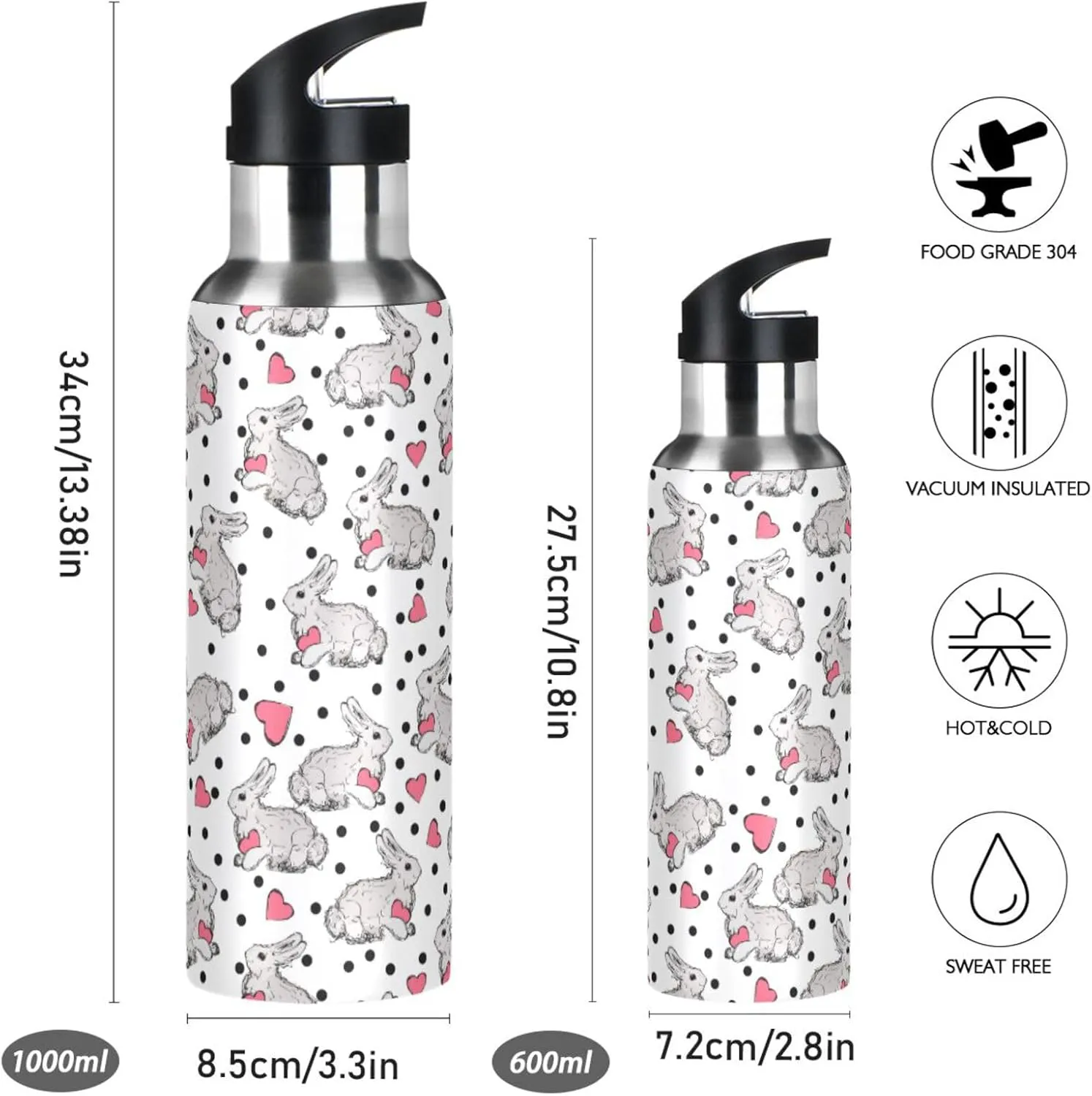 Cute Rabbit Water Bottle with Straw Lid Double Wall Heart Thermos Bottle Vacuum Insulated Flask Stainless Steel Water Bottle for Gym Outdoor 35 OZ