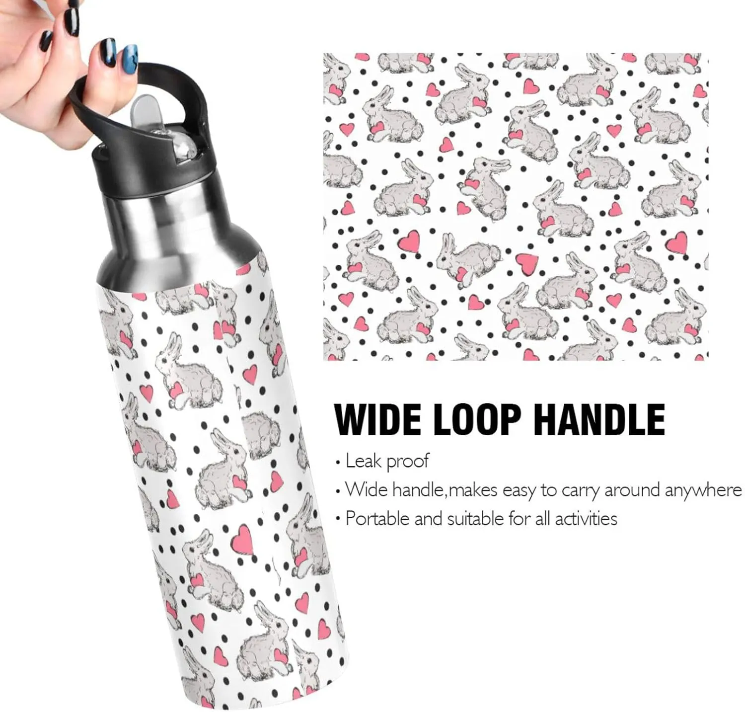 Cute Rabbit Water Bottle with Straw Lid Double Wall Heart Thermos Bottle Vacuum Insulated Flask Stainless Steel Water Bottle for Gym Outdoor 35 OZ