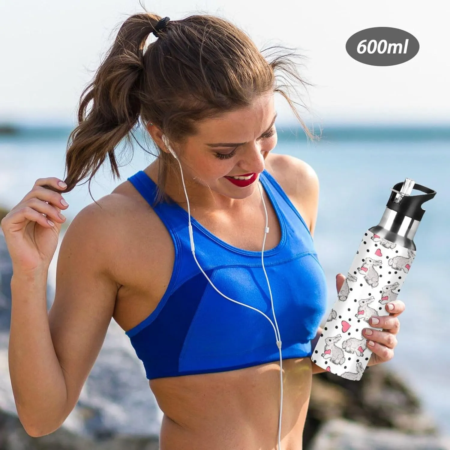 Cute Rabbit Water Bottle with Straw Lid Double Wall Heart Thermos Bottle Vacuum Insulated Flask Stainless Steel Water Bottle for Gym Outdoor 35 OZ