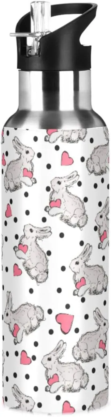 Cute Rabbit Water Bottle with Straw Lid Double Wall Heart Thermos Bottle Vacuum Insulated Flask Stainless Steel Water Bottle for Gym Outdoor 35 OZ
