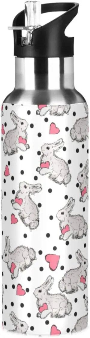 Cute Rabbit Water Bottle with Straw Lid Double Wall Heart Thermos Bottle Vacuum Insulated Flask Stainless Steel Water Bottle for Gym Outdoor 35 OZ