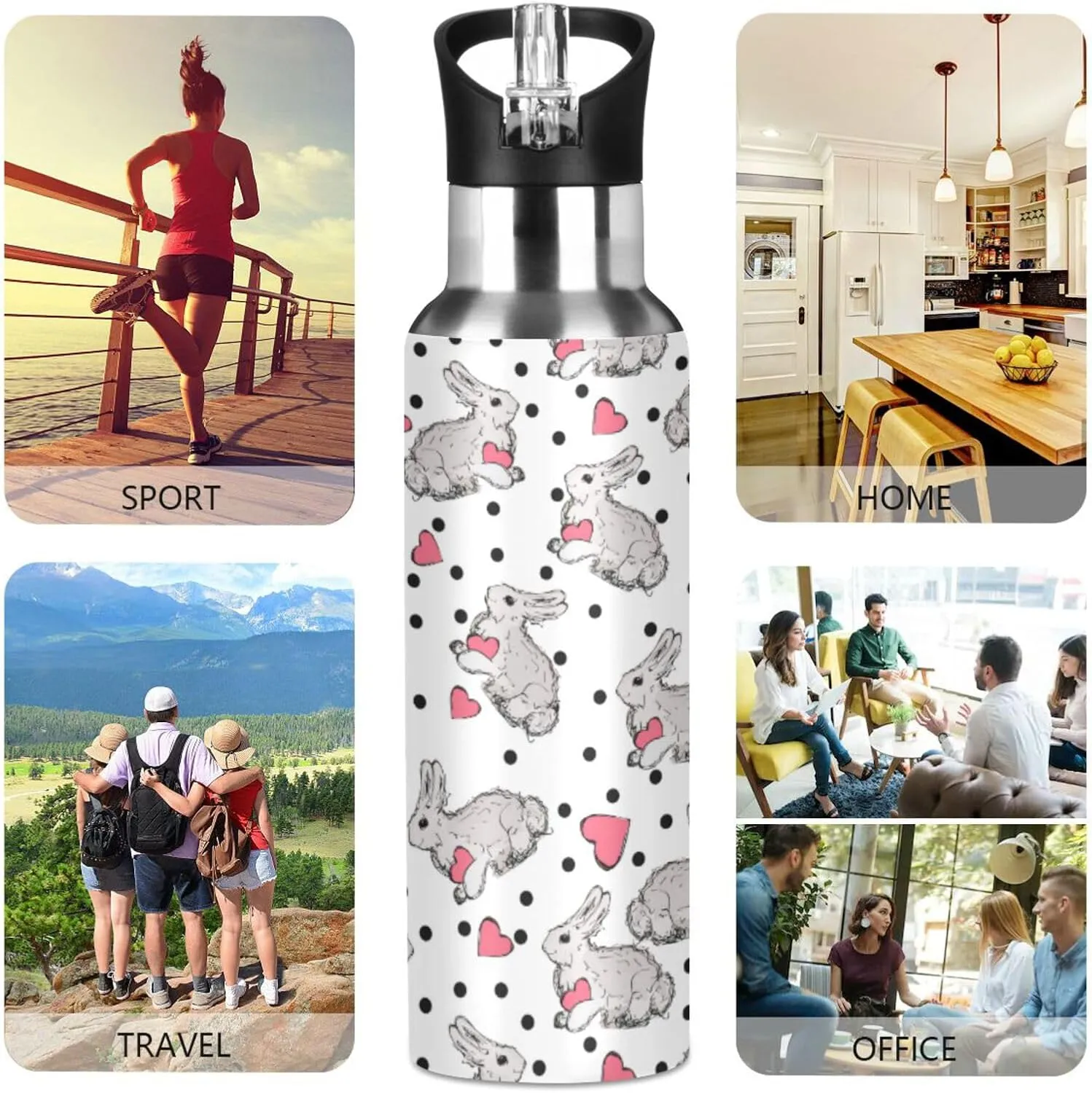 Cute Rabbit Water Bottle with Straw Lid Double Wall Heart Thermos Bottle Vacuum Insulated Flask Stainless Steel Water Bottle for Gym Outdoor 35 OZ