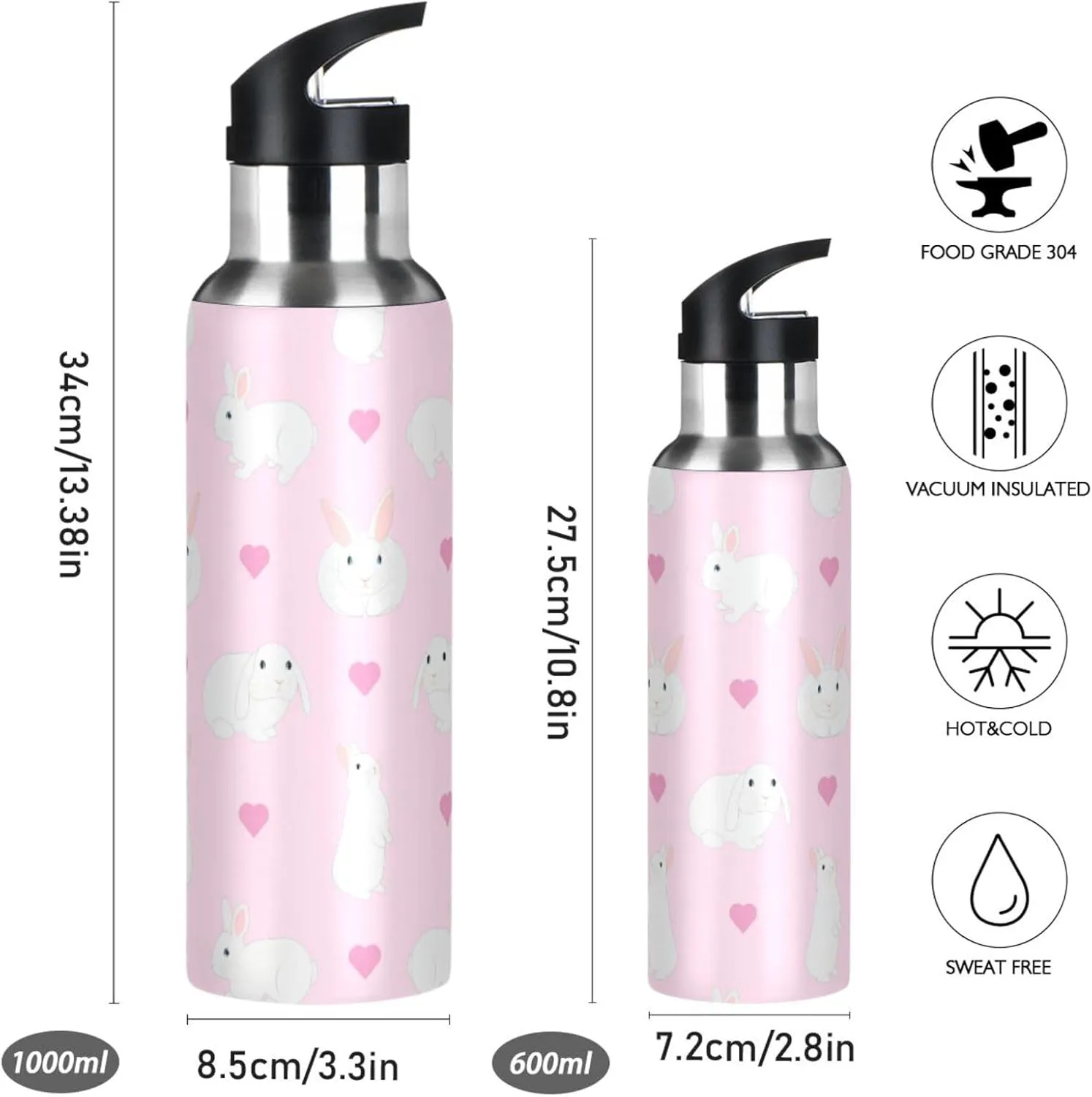 Cute White Rabbits Water Bottle with Straw Lid Double Wall Hearts Pink Thermos Bottle Vacuum Insulated Flask Stainless Steel Water Bottle for Gym Outdoor 35 OZ