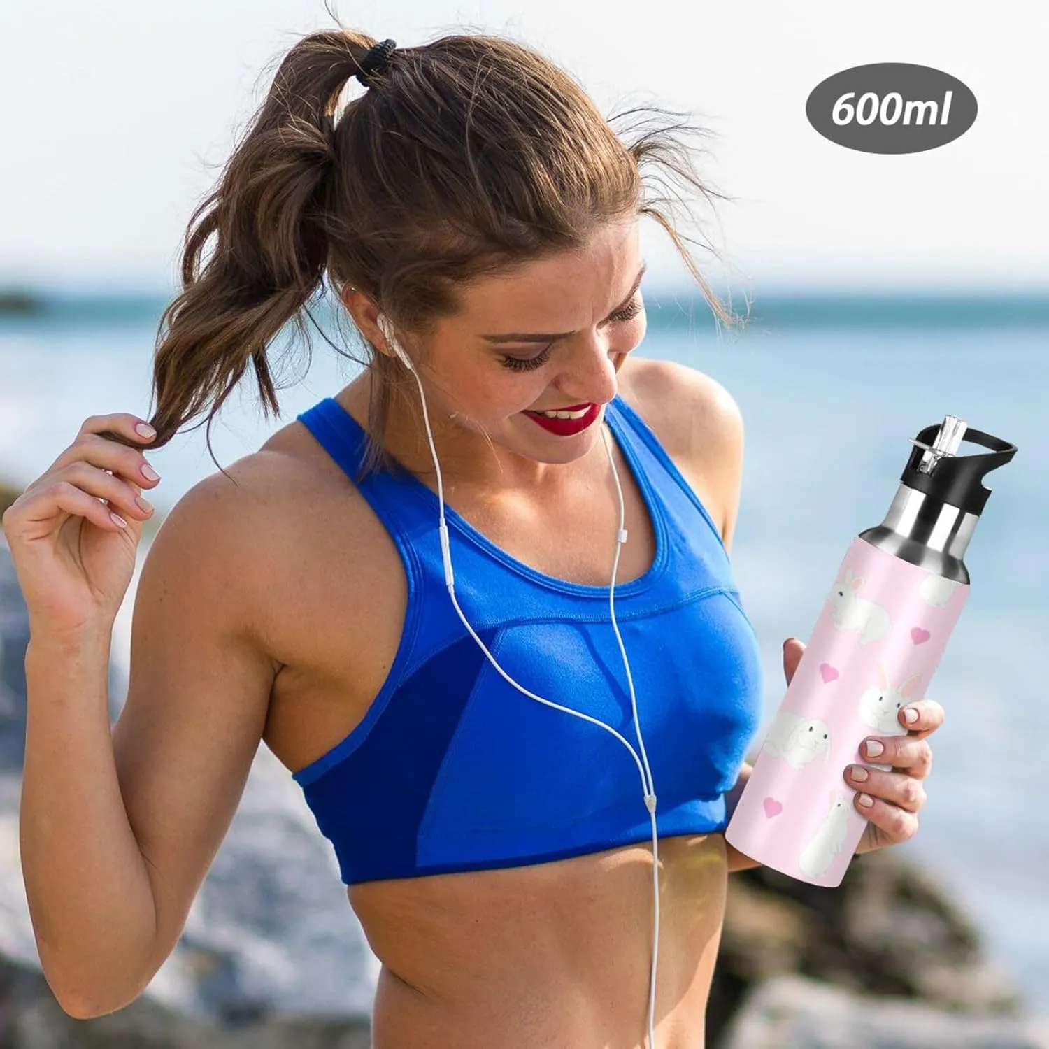 Cute White Rabbits Water Bottle with Straw Lid Double Wall Hearts Pink Thermos Bottle Vacuum Insulated Flask Stainless Steel Water Bottle for Gym Outdoor 35 OZ