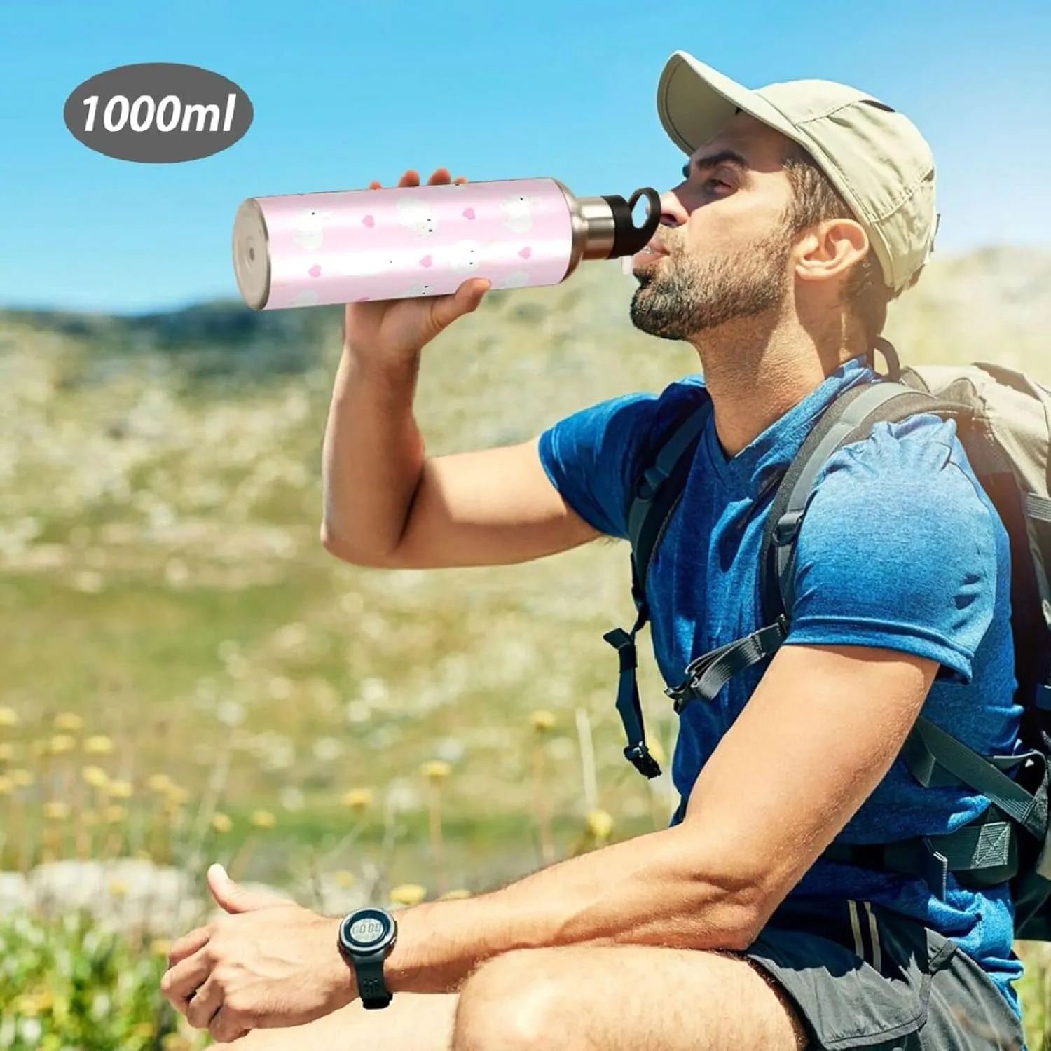 Cute White Rabbits Water Bottle with Straw Lid Double Wall Hearts Pink Thermos Bottle Vacuum Insulated Flask Stainless Steel Water Bottle for Gym Outdoor 35 OZ