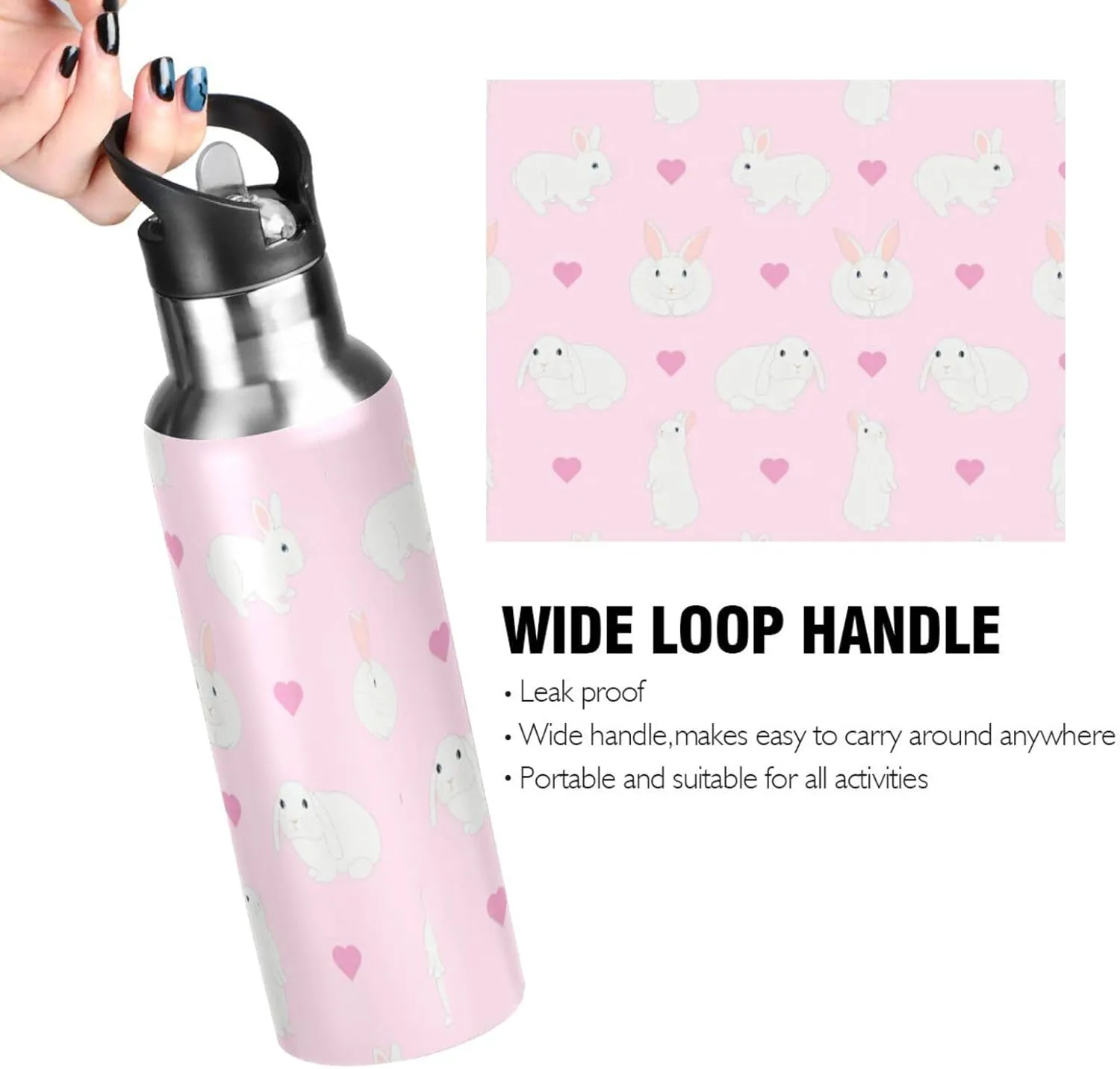 Cute White Rabbits Water Bottle with Straw Lid Double Wall Hearts Pink Thermos Bottle Vacuum Insulated Flask Stainless Steel Water Bottle for Gym Outdoor 35 OZ
