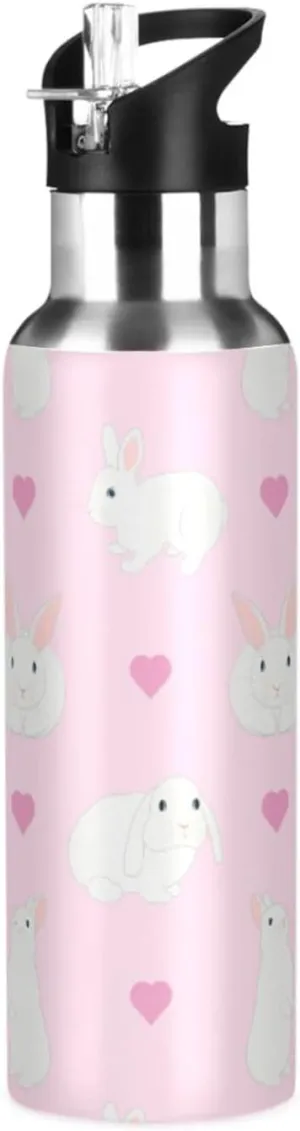 Cute White Rabbits Water Bottle with Straw Lid Double Wall Hearts Pink Thermos Bottle Vacuum Insulated Flask Stainless Steel Water Bottle for Gym Outdoor 35 OZ