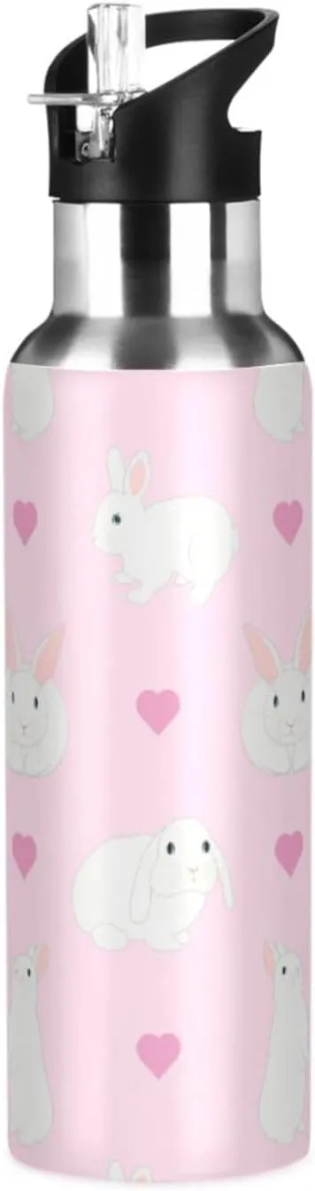 Cute White Rabbits Water Bottle with Straw Lid Double Wall Hearts Pink Thermos Bottle Vacuum Insulated Flask Stainless Steel Water Bottle for Gym Outdoor 35 OZ