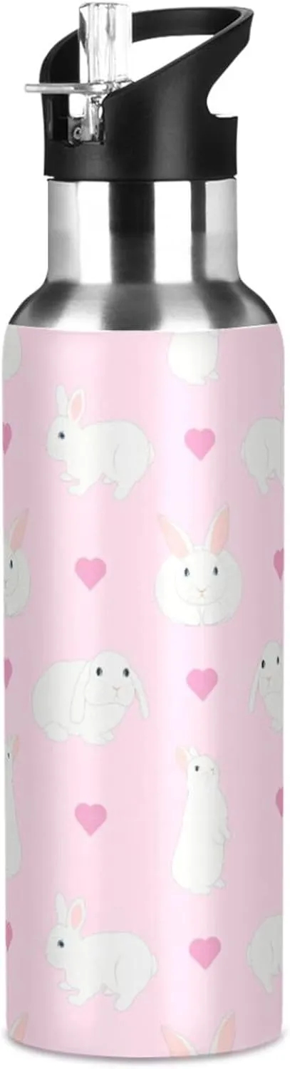 Cute White Rabbits Water Bottle with Straw Lid Double Wall Hearts Pink Thermos Bottle Vacuum Insulated Flask Stainless Steel Water Bottle for Gym Outdoor 35 OZ