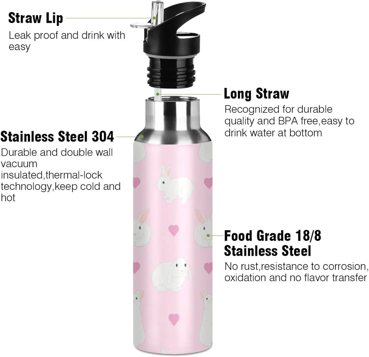 Cute White Rabbits Water Bottle with Straw Lid Double Wall Hearts Pink Thermos Bottle Vacuum Insulated Flask Stainless Steel Water Bottle for Gym Outdoor 35 OZ