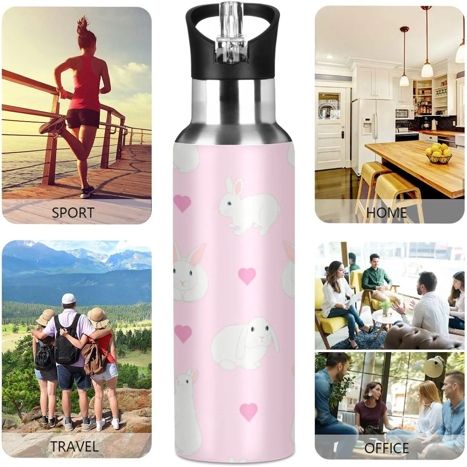 Cute White Rabbits Water Bottle with Straw Lid Double Wall Hearts Pink Thermos Bottle Vacuum Insulated Flask Stainless Steel Water Bottle for Gym Outdoor 35 OZ