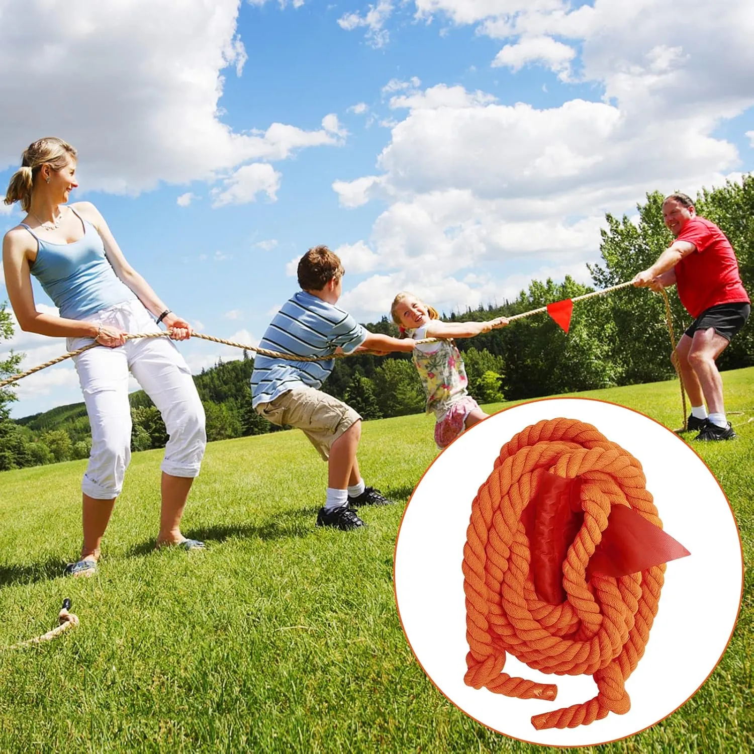 CWLAKON Tug of War Rope 40ft for Kids Adult, Outdoor Field Day Family Reunion Birthday Party Games, Orange, Includes 18 Medals, Storage Bag, Adjustable Center Flag