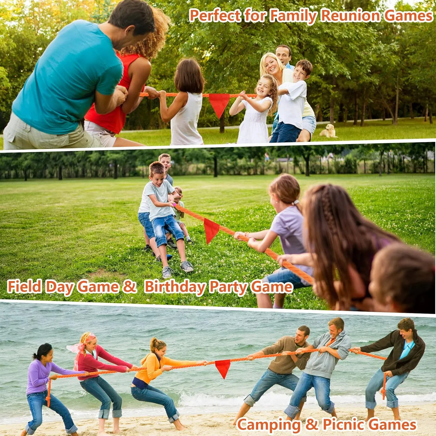 CWLAKON Tug of War Rope 40ft for Kids Adult, Outdoor Field Day Family Reunion Birthday Party Games, Orange, Includes 18 Medals, Storage Bag, Adjustable Center Flag