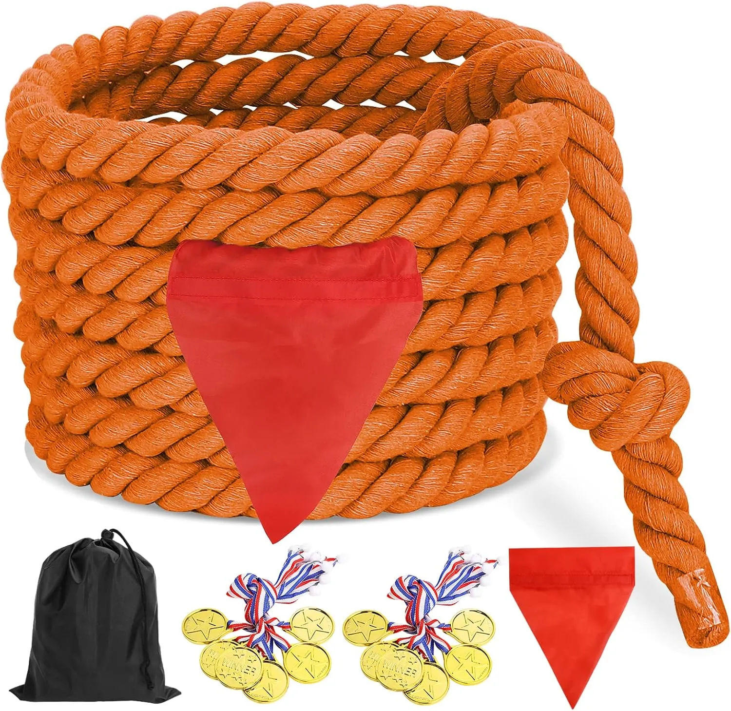 CWLAKON Tug of War Rope 40ft for Kids Adult, Outdoor Field Day Family Reunion Birthday Party Games, Orange, Includes 18 Medals, Storage Bag, Adjustable Center Flag