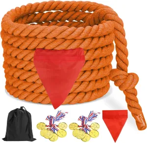 CWLAKON Tug of War Rope 40ft for Kids Adult, Outdoor Field Day Family Reunion Birthday Party Games, Orange, Includes 18 Medals, Storage Bag, Adjustable Center Flag