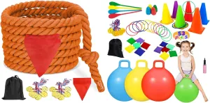 CWLAKON Tug of War Rope 60ft Orange for Kids and Adults, Carnival Outdoor Games Combo Set, Hopper Balls, Soft Plastic Cones Bean Bags Ring Toss, Egg Spoon Relay Race, Field Day 4th of July Games