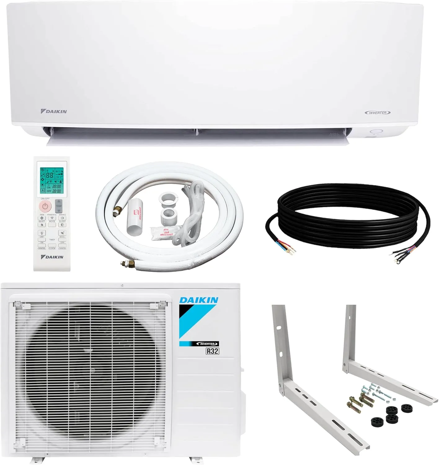 Daikin 18,000 BTU 18 SEER2 Entra R32 Series Ductless Mini Split Heat Pump System w/Maxwell All-Inclusive 50’ Installation Kit and Wall Mounting Bracket (230V)