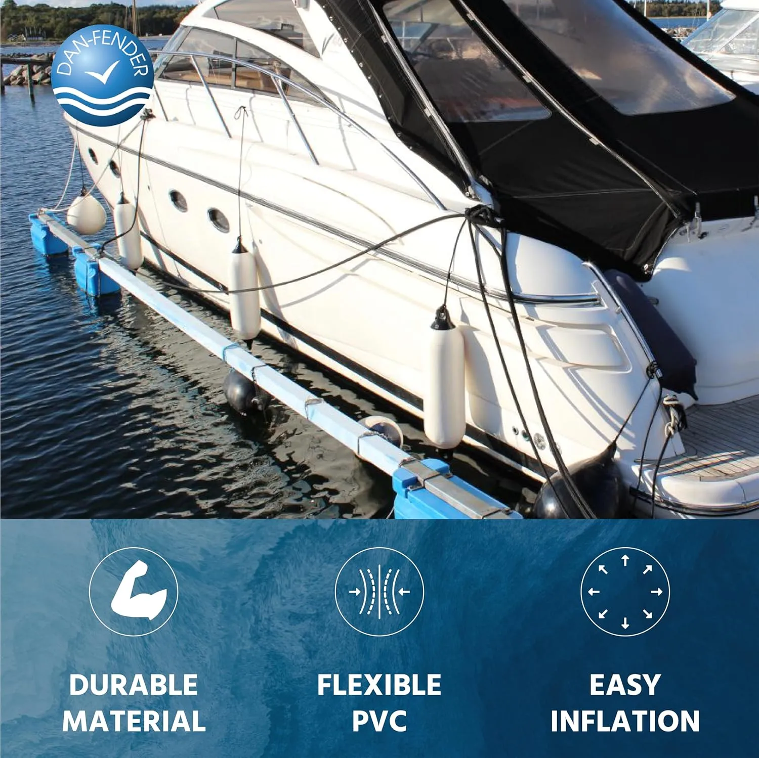 Dan-Fender Heavy Duty Boat Fender - Bumper for Boats - Strong & Flexible All Weather Conditions Boat Accessory for Docking, w/Inflation Adapter