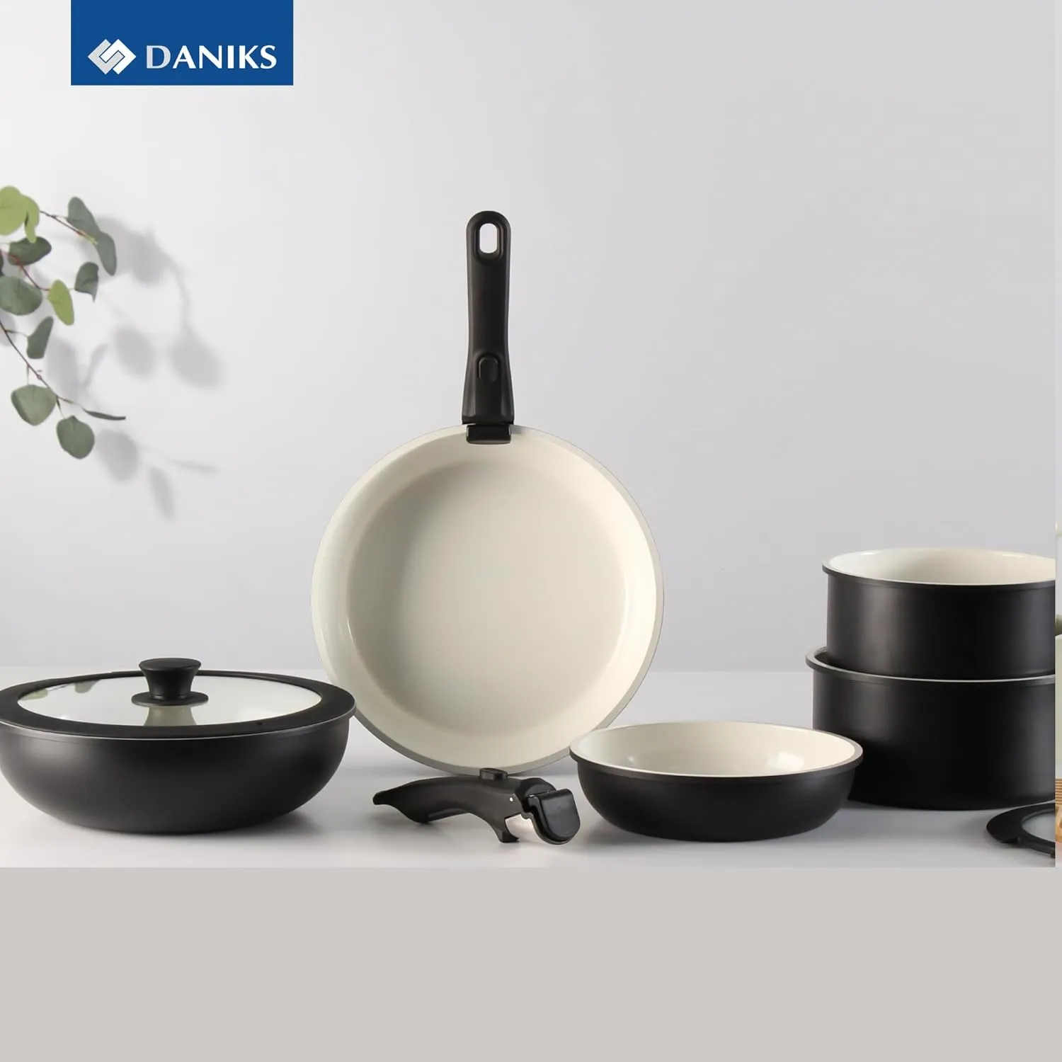Daniks 9-Piece Nonstick Cookware Set, Ceramic Induction Pots and Pans with Detachable Silicone Handles, Oven & Dishwasher Safe, Black