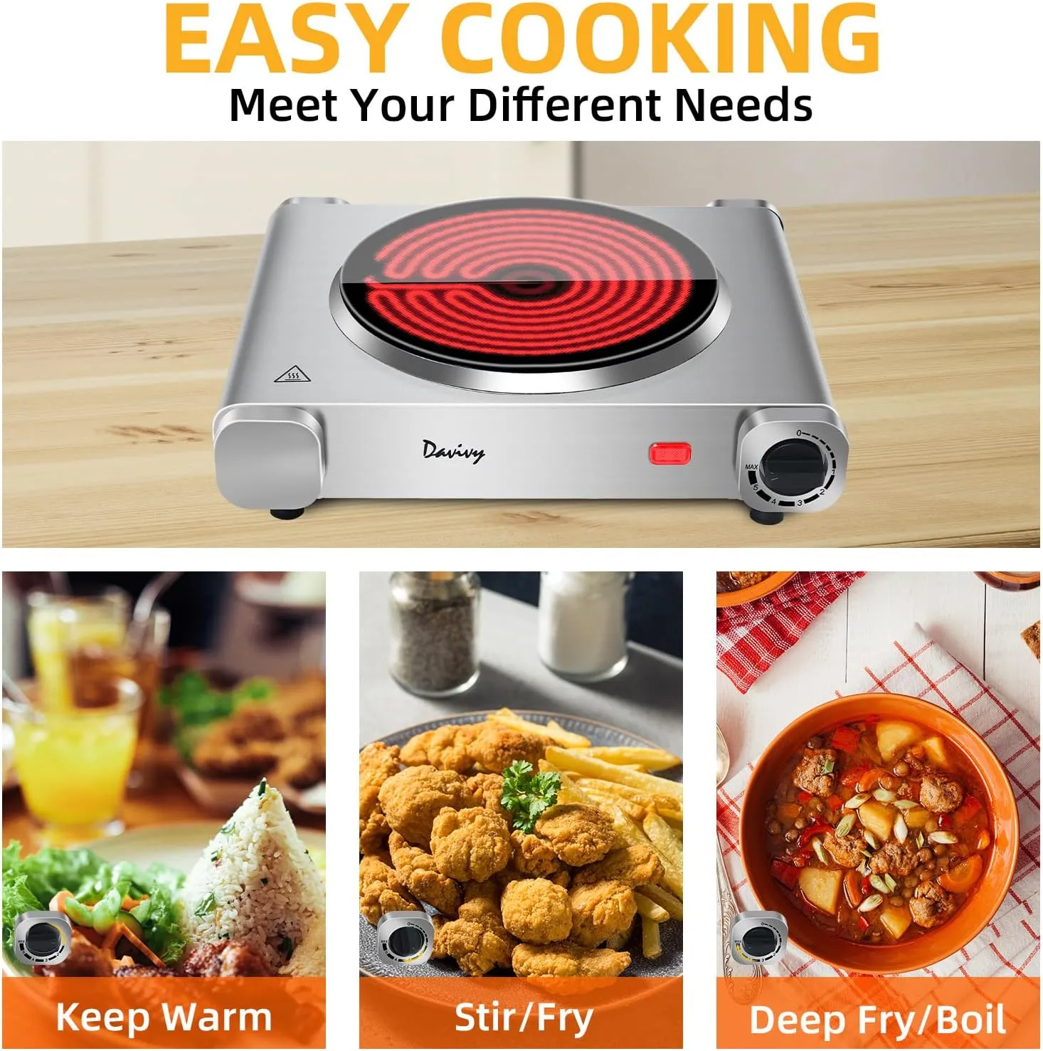 Davivy Single Hot Plate for Cooking Electric Ceramic Plate,1200W Electric Cooktop Infrared Electric Stove with Adjustable Temperature,7.5inch for ALL Cookwares for Home/RV/Camp（Single Burner）