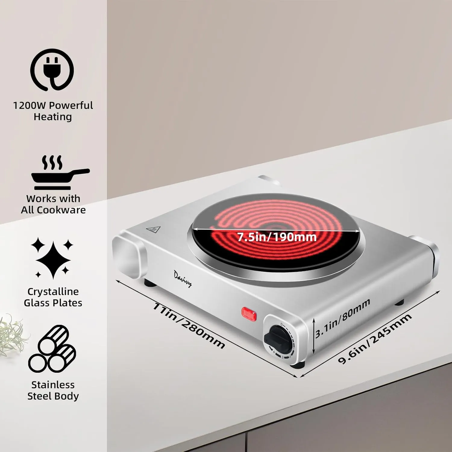 Davivy Single Hot Plate for Cooking Electric Ceramic Plate,1200W Electric Cooktop Infrared Electric Stove with Adjustable Temperature,7.5inch for ALL Cookwares for Home/RV/Camp（Single Burner）