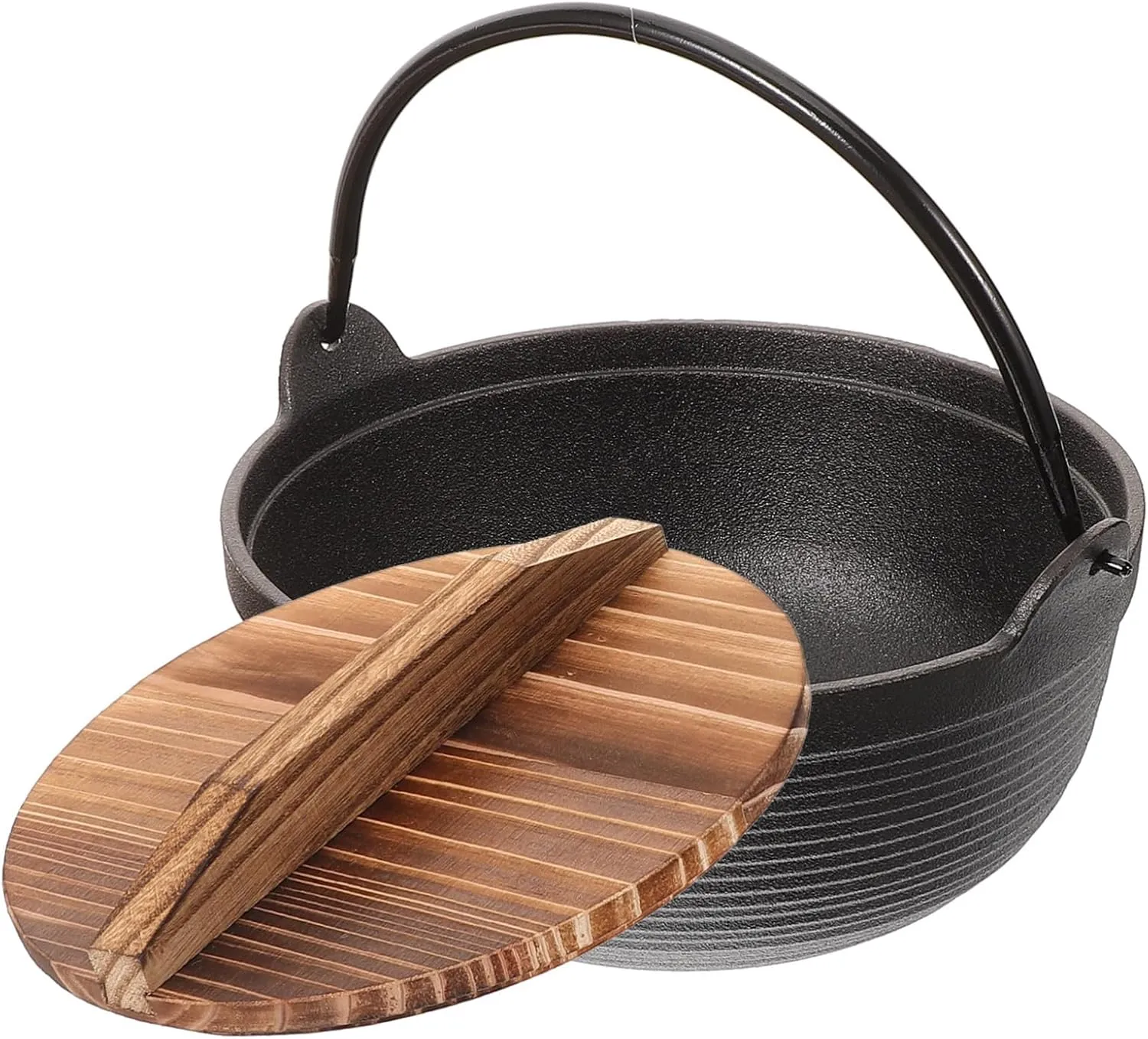 DECHOUS Japanese Iron Sukiyaki Pot with Wooden Lid Non Stick Camping Cooking Pot Outdoor Cookware for Picnic Uniform Heat Distribution for Backpacking and Outdoor Cooking