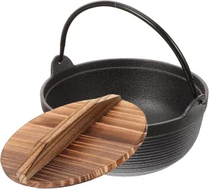 DECHOUS Japanese Iron Sukiyaki Pot with Wooden Lid Non Stick Camping Cooking Pot Outdoor Cookware for Picnic Uniform Heat Distribution for Backpacking and Outdoor Cooking