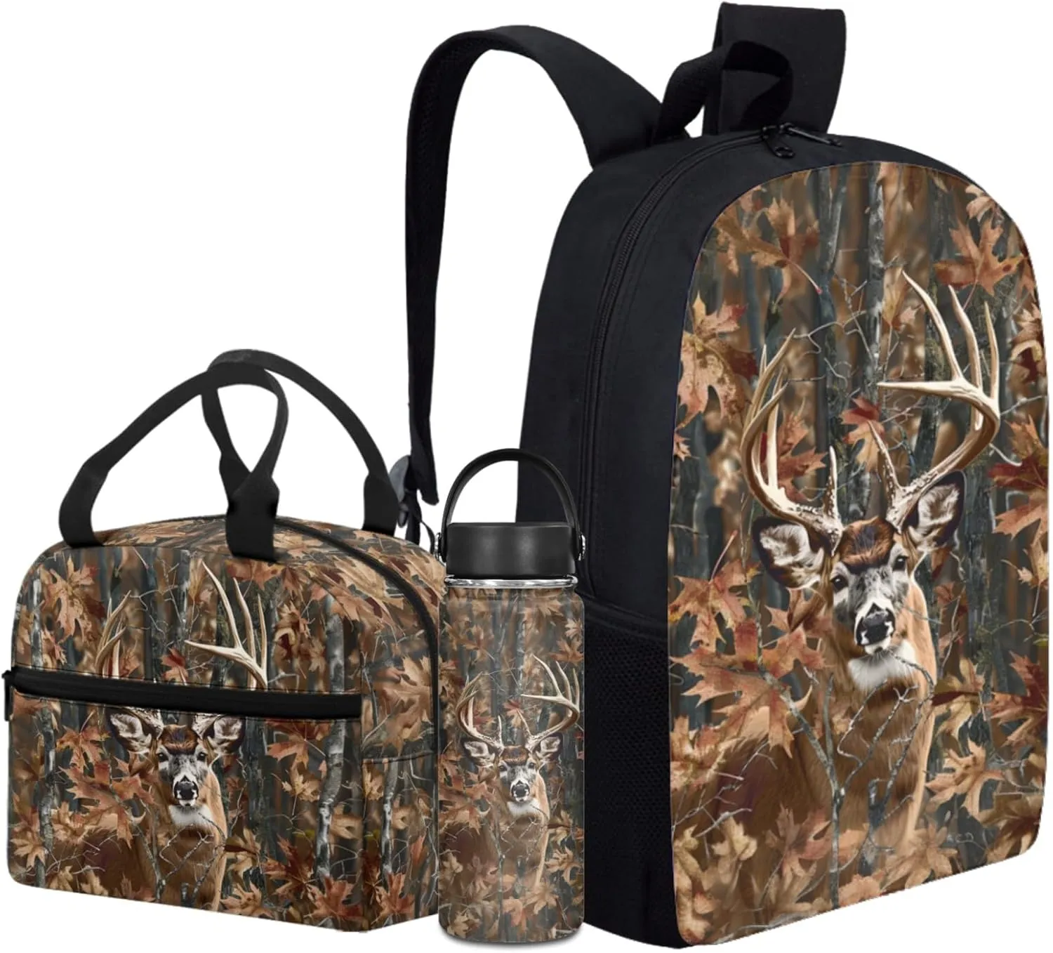 Deer Kids Backpack Set for Boy 17 Inch School Bag,Forest Camo Bookbag for 3-5 Years Children Book Bags with Lunch Box Water Bottle 3 Pcs Sets for Child Cool Daypack