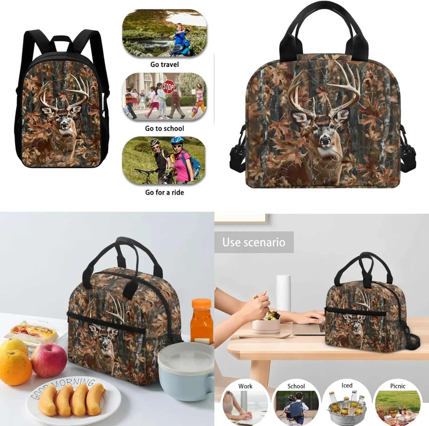 Deer Kids Backpack Set for Boy 17 Inch School Bag,Forest Camo Bookbag for 3-5 Years Children Book Bags with Lunch Box Water Bottle 3 Pcs Sets for Child Cool Daypack