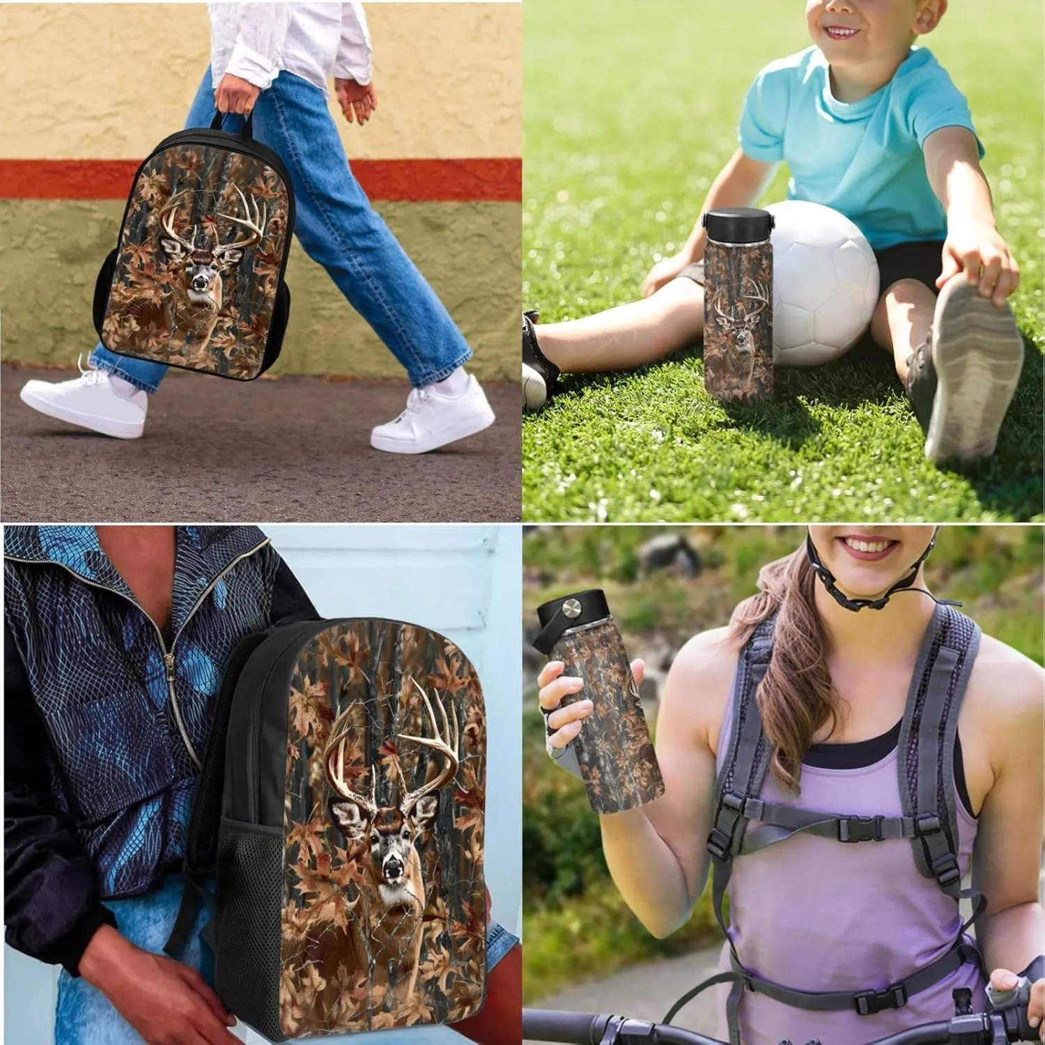Deer Kids Backpack Set for Boy 17 Inch School Bag,Forest Camo Bookbag for 3-5 Years Children Book Bags with Lunch Box Water Bottle 3 Pcs Sets for Child Cool Daypack