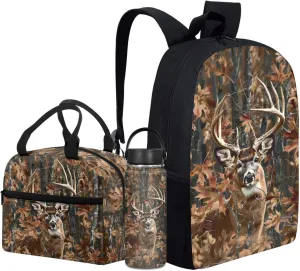 Deer Kids Backpack Set for Boy 17 Inch School Bag,Forest Camo Bookbag for 3-5 Years Children Book Bags with Lunch Box Water Bottle 3 Pcs Sets for Child Cool Daypack