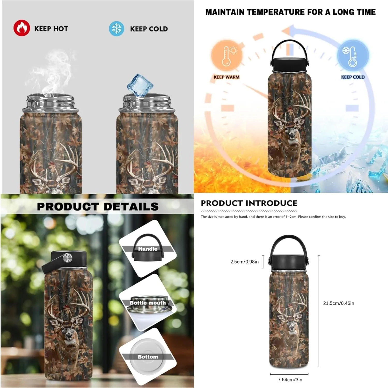 Deer Kids Backpack Set for Boy 17 Inch School Bag,Forest Camo Bookbag for 3-5 Years Children Book Bags with Lunch Box Water Bottle 3 Pcs Sets for Child Cool Daypack