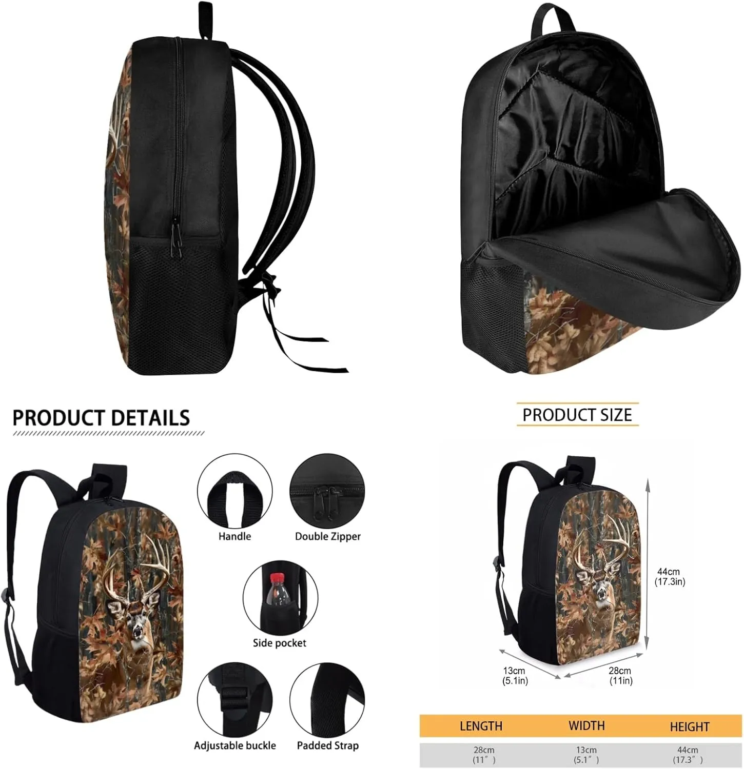 Deer Kids Backpack Set for Boy 17 Inch School Bag,Forest Camo Bookbag for 3-5 Years Children Book Bags with Lunch Box Water Bottle 3 Pcs Sets for Child Cool Daypack