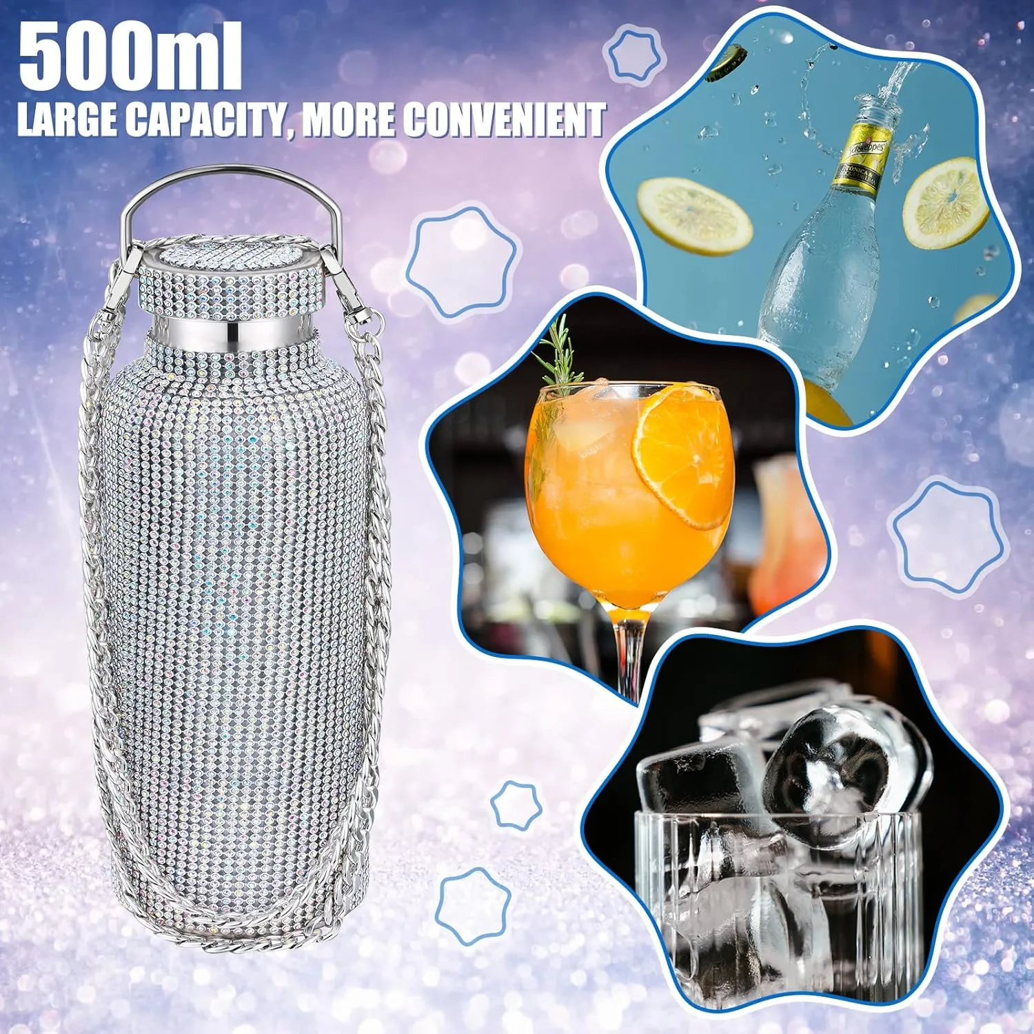 Diamond Water Bottle Bling Rhinestone Stainless Steel Thermal Bottle Refillable Insulated Glitter Water Jug with Chain for Women Girls Gifts(500 ml,AB Diamond)