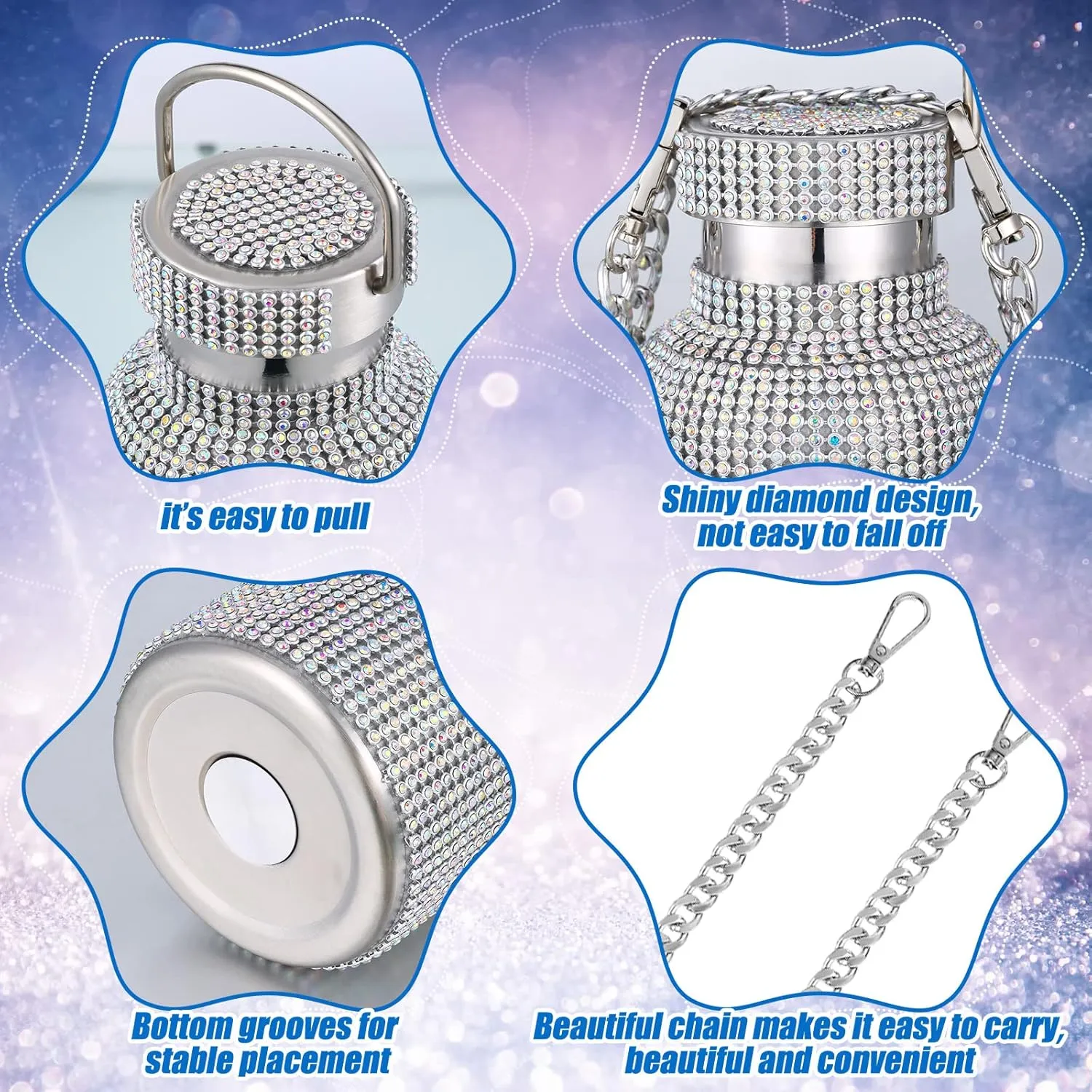 Diamond Water Bottle Bling Rhinestone Stainless Steel Thermal Bottle Refillable Insulated Glitter Water Jug with Chain for Women Girls Gifts(500 ml,AB Diamond)