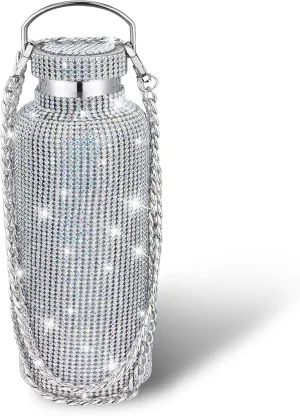 Diamond Water Bottle Bling Rhinestone Stainless Steel Thermal Bottle Refillable Insulated Glitter Water Jug with Chain for Women Girls Gifts(500 ml,AB Diamond)
