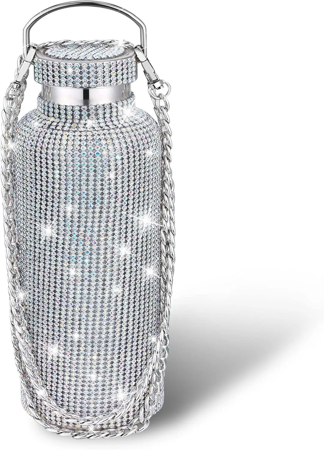 Diamond Water Bottle Bling Rhinestone Stainless Steel Thermal Bottle Refillable Insulated Glitter Water Jug with Chain for Women Girls Gifts(500 ml,AB Diamond)