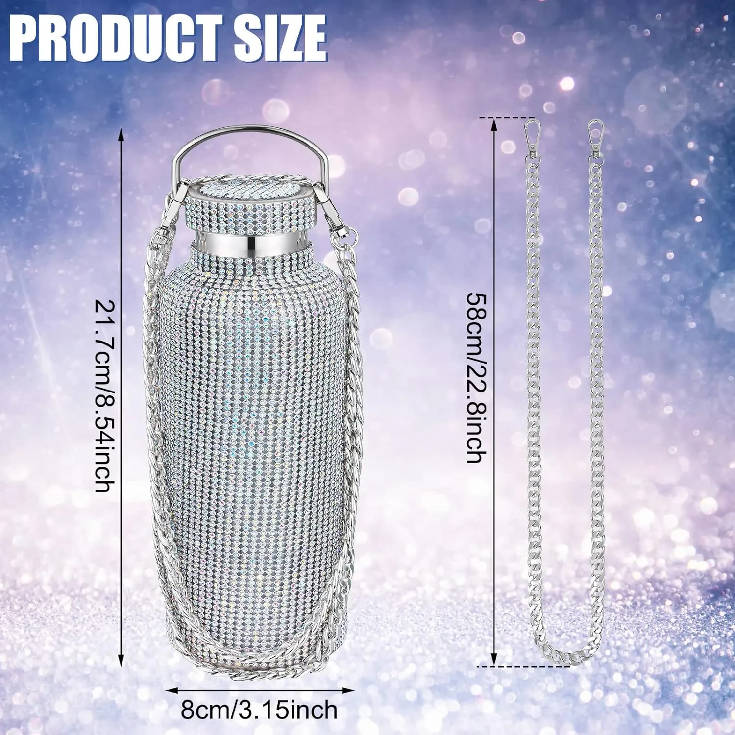 Diamond Water Bottle Bling Rhinestone Stainless Steel Thermal Bottle Refillable Insulated Glitter Water Jug with Chain for Women Girls Gifts(500 ml,AB Diamond)