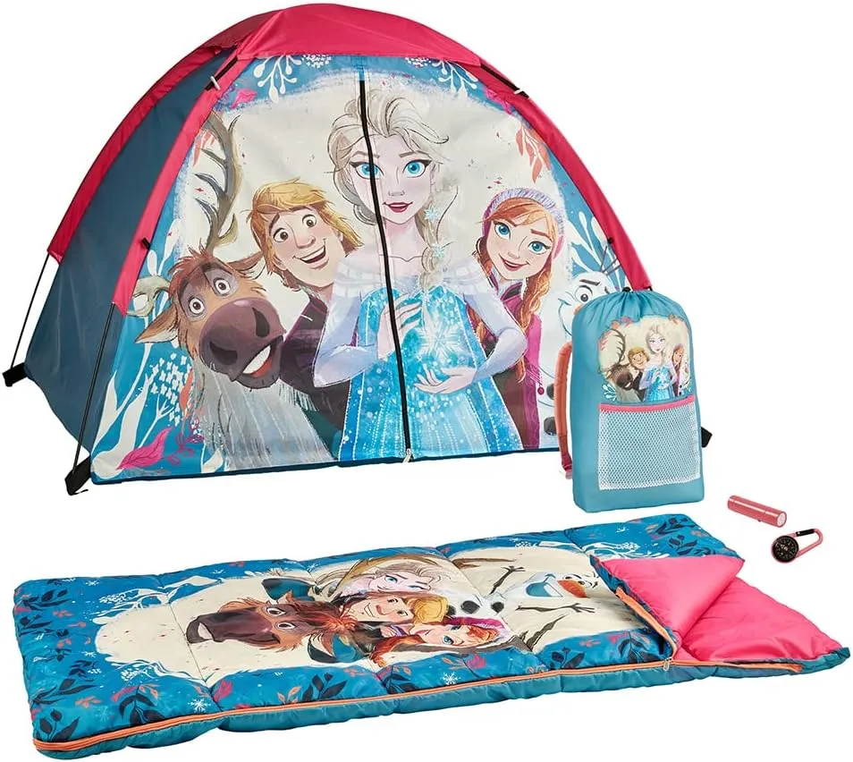 Disney Frozen 5-Piece Camp Kit by Exxel Outdoors | Embark on Enchanted Expeditions with a Forzen Themed Tent, Sleeping Bag, Backpack, Compass & Flashlight | Adventure Awaits