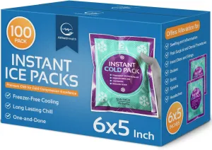 Disposable Instant Ice Packs for Injuries 100 Packs (6” x 5”) | Instant Ice Cold Pack - Cold Compress Ice Pack for Pain Relief, First Aid Essential, Swelling, Toothache, Athletes & Outdoor Activities