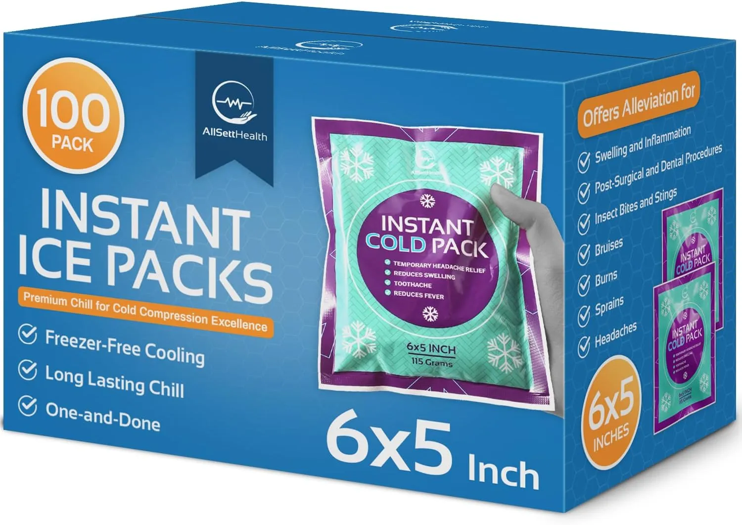 Disposable Instant Ice Packs for Injuries 100 Packs (6” x 5”) | Instant Ice Cold Pack - Cold Compress Ice Pack for Pain Relief, First Aid Essential, Swelling, Toothache, Athletes & Outdoor Activities